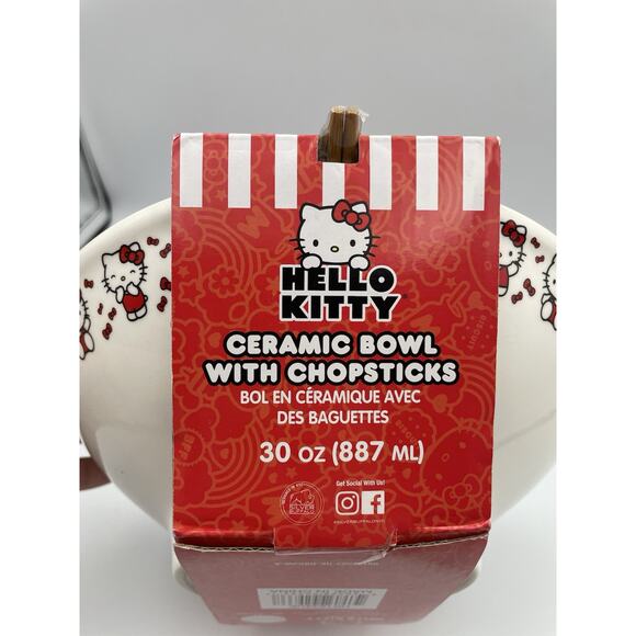 Hello Kitty Sanrio Red Bow Ceramic Bowl With Chopsticks New With Tags - Picture 6 of 9